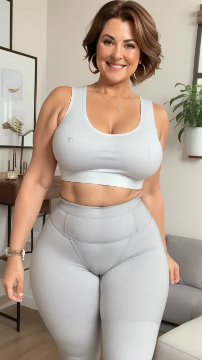 60 year old mature GILF, standing, in a living room, (small, not tall), (wide hips), (thick thighs), brunette hair with auburn highlights, chubby round face, strong nose, big smile, (capturing full body, happy expression), hoop earrings, best quality, photorealism, masterpiece, (cameltoe:1.3), tight highwaist light gray leggings, lowcut v-neck white sleeveless t-shirt tucked in, sagging, FUPA, big ass