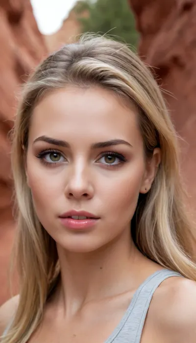 (avant-garde outdoors facial portrait, hiking through a scenic red rock slot canyon:1.8), (beautiful woman's face:1.1), (focus on stunning eyes:1.2), (intense eye detail, intricate eye details:1.3), (vivid eyes, vibrant eyes:1.4), (beautiful long eyelashes:1.2), (detailed eyeliner:1.1), (dramatic lighting, cinematic lighting:1.3), (long ash blond hair with dark roots, sporty hair style, high ponytail, loose strands of hair:1.2), (warm and inviting color palette:1.2), (subtle contrasts:1.1), (contrasting soft skin tones:1.1), (triumphant expression:1.2), (sense of adventure and accomplishment:1.3), (shallow depth of field:1.4), (blurred background:1.1), (detailed skin, detailed hair, detailed eye, limbal ring:1.3), (natural skin texture, natural hair texture, natural eye texture, vellus hairs:1.3), (full lips, slightly parted), ziprealism