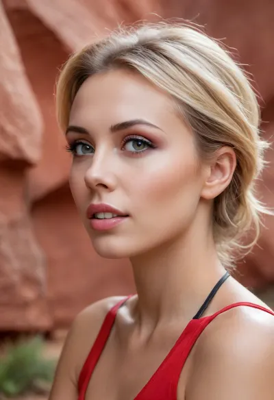 (avant-garde outdoors facial portrait, portrait in profile, hiking through a scenic red rock slot canyon:1.8), (beautiful woman's face:1.1), (focus on stunning eyes:1.2), (intense eye detail, intricate eye details:1.3), (vivid eyes, vibrant eyes:1.4), (beautiful long eyelashes:1.2), (detailed eyeliner:1.1), (dramatic lighting, cinematic lighting:1.3), (short ash blond hair with dark roots, loose strands of hair, swept back hair style:1.4), (vibrant high contrast color palette:1.2), (warm skin tones:1.1), (awestruck expression:1.2), (sense of adventure and wonder:1.3), (shallow depth of field:1.4), (blurred background:1.1), (artistic framing, artistic composition), (professional color grading), (detailed skin, detailed hair, detailed eye, limbal ring:1.3), (natural skin texture, natural hair texture, natural eye texture, vellus hairs:1.3), ziprealism