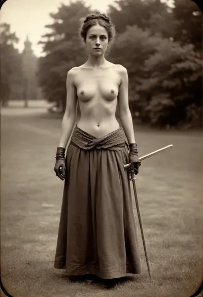 Une grâce intemporelle : un long plan d'un duel victorien victorieux en étain extérieur grainé

- Oui.

Au cœur de l'Angleterre victorienne, sous le vaste ciel sans nuages, se tenait une femme, vêtue seulement d'une longue jupe. Sa beauté jeune a été accentuée par son état de demi-nude. Elle tenait un violeur fermement dans sa main droite, sa posture étant un témoignage de sa disponibilité à assumer une position d'escrime. La photographie tintype, granuleuse et réelle, a capté la scène à distance, présentant une image de défi et de détermination qui transcende le temps.