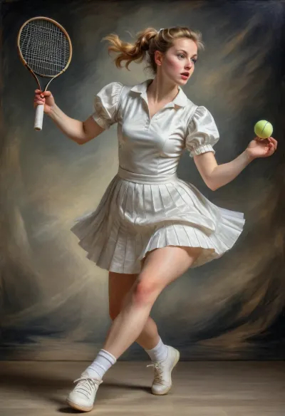 Peter Paul Rubens Style, A Peter Paul Rubens painting of a woman tennis player. in the 20century. She's wearing a white tennis player's costume with a short pleated skirt. She jumped up and raised her racket to serve the ball.., <lora:Peter Paul Rubens Style:1>