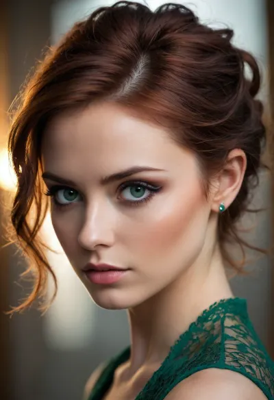 (hair model:1.6), (profile portrait:1.1), (beautiful woman's face, chiselled cheekbones, defined jawline, stunning Scottish beauty:1.3), (melancholy expression:1.4), (intense eye detail:1.4), (intricate eye details:1.4), (exquisite hair details:1.4), (vivid emerald eyes:1.5), (vibrant eyes:1.5), (beautiful long eyelashes:1.3), (detailed eyeliner:1.2), (dramatic lighting:1.4), (cinematic lighting:1.4), (short dark auburn hair with coppery highlights, loose strands of hair, swept back hair style:1.6), (vibrant high contrast color palette:1.3), (warm skin tones:1.2), (shallow depth of field:1.5), (blurred background:1.2), artistic framing, artistic composition, professional color grading, (detailed skin:1.3), (detailed hair:1.3), (detailed eye:1.4), (limbal ring:1.4), (natural skin texture:1.3), (natural hair texture:1.3), (natural eye texture:1.3), vellus hairs, ziprealism