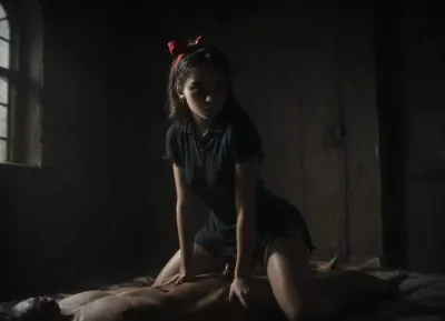 a woman in Kiki's delivery Service cosplay, the woman has severe goth make-up, the woman is Kiki's Delivery Service, (Kiki's big red bow on top of her hairband:1.5), torn plain black dress, kiki is on her knees sucking the blood-red cock of a giant red devil from Hell, the setting is a satanic temple, pentagrams, NightScapes, <lora:Animated_Concept:.6>, <lora:dark:1>, <lora:NightScapes_XL14:.8>