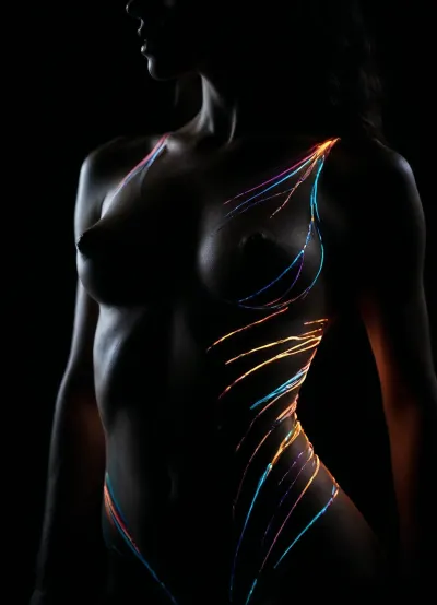 A close-up image where the woman's body is partially adorned with glowing neon lines or liquid light, resembling a modern, abstract version of body art. These lines may appear to move or pulse around her curves, almost as if her body is connected to some kind of energy source. The glowing lines create a striking contrast against her skin and the soft shadows surrounding her, offering a futuristic and surreal feel to the image. The lighting plays off these luminous elements, emphasizing both her body and the vibrant, pulsing lights., <lora:dark:.8>