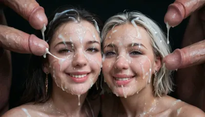 2 white mature curvy women, smiling, eyes open, (Cum details), realistic cum, Prominent cum, (white cum:1.7), cum on, (Cum flows:1.2), (cum on body:1.3), cum on head, (cum on face:1.3), bukkake, ((body covered with semen)), black room, black background, cum, face, Face covered in cum, (A lot of cum:1.5), 3+men, surrounded by dicks, <lora:JustCum:.7>, <lora:cum_in_eye_deepmind:.8>