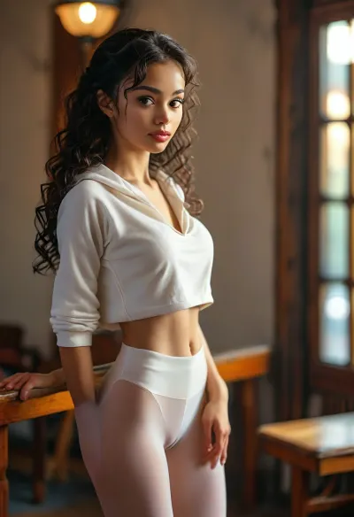 skinny Filipina ballerina, in fifth position, looking at viewer, black hair, long hair, curly hair, happy playful smile, slim, (warm ambient light:.5), (shadows:1.4), RAW image, Canon EOS R3, DSLR photo, 8k, best quality, (realistic, photo-realistic:1), RAW photo, (intricate details), perfect eyes, (perfect face), perfect lighting, beautiful, (best quality:1.2), very slender elegant skinny woman with beautiful eyes, (long legs), retro 1970's style, perfect hands, ((wearing white Hoodie midriff)), ((wearing white transparent seamless pantyhose)), (cameltoe), ((Extremely detailed tights)), (naked waist), (Leg gap), (very slender body), (dance studio interior:1.5), large, breasts, big, boobs, huge, tits, <lora:MJ52:.9>, <lora:bombshell_v2:.8>