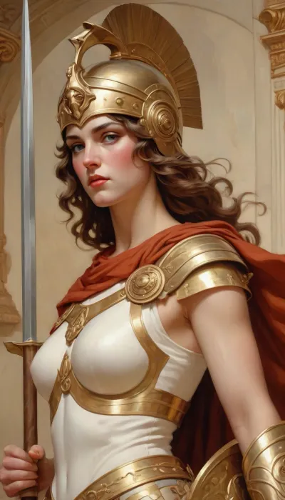 Athena. The Greek goddess of war. Corinthian helmet with a high crest, a shield covered with goat skin and decorated with a head The Gorgons of Medusa., spear., J.C., Leyendecker, Style, page, <lora:J.C. Leyendecker Style:.8>