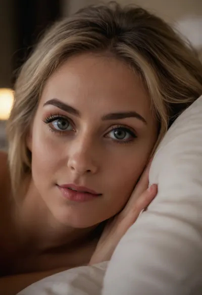 (profile portrait:1.1), (beautiful woman's face:1.3), (loving expression, sweet shy smile:1.4), (snuggled in bed, loose hair falling across face, fluffy pillow, good morning:1.4), (intense eye detail:1.4), (intricate eye details:1.4), (vivid eyes:1.5), (vibrant eyes:1.5), (beautiful long eyelashes:1.3), (detailed eyeliner:1.2), (short cut hair, ash blond hair with dark roots, loose strands of hair, swept back hair style:1.4), (warm and comforting color palette:1.3), (sense of adoration and contentment:1.5), (dramatic lighting:1.4), (cinematic lighting:1.4), (shallow depth of field:1.5), (blurred background:1.2), professional color grading, (detailed skin:1.3), (detailed hair:1.3), (detailed eye, limbal ring, detailed irus:1.4), (natural skin texture:1.3), (natural hair texture:1.3), (natural eye texture:1.3), vellus hairs, ziprealism