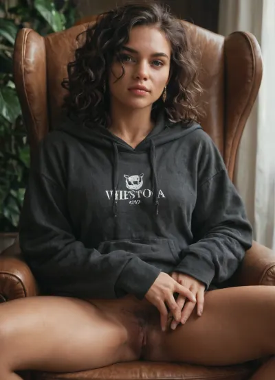 score_9, score_8_up, score_7_up, 1girl, solo, sitting, long_hair, realistic, female_pubic_hair, chair, pubic_hair, traditional_media, brown_hair, hoodie, spread_legs, hood, sitting_backwards, dark_skin, sweater, head_rest, dark-skinned_female, bottomless