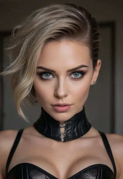 (masterpiece:1.2), (best quality:1.2), (award-winning:1.1), (BDSM aesthetic, fetish aesthetic, dominatrix:1.4), (dominant woman, strong features:1.5), (sense of intimacy:1.4), (breathtaking woman's face, perfect sharp focus on eyes:1.5), (seductive expression, wry smirk:1.3), (intricate eye details:1.6), (pale grey eyes, captivating eyes:1.6), (long delicate eyelashes:1.5), (perfectly applied eyeliner:1.4), (voluminous short cut hair, ash blonde hair with dark highlights, stylish textured hair cut, loose strands of hair, swept back hairstyle:1.4), (shallow depth of field:1.6), (softly blurred background:1.3), professional color grading, (natural skin texture:1.6), (realistic skin details:1.5), subtle skin imperfections, (intricately detailed hair:1.5), (expressive detailed eyes:1.6), (visible limbal ring:1.5), (detailed iris texture:1.5), (natural hair texture:1.4), (realistic eye texture:1.5), subtle vellus hairs, (strict corset:1.5), ziprealism