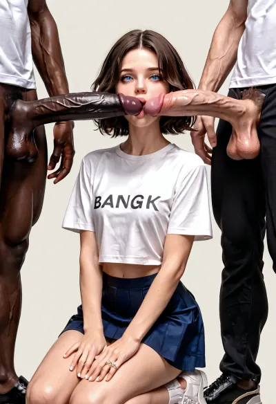 Young Brunette White girl on her knees wearing a blue mini skirt, white thongs, white t-shirt, sucking 2 black huge dick, big dick, black dick, blow bang, 2 men, 1 girl