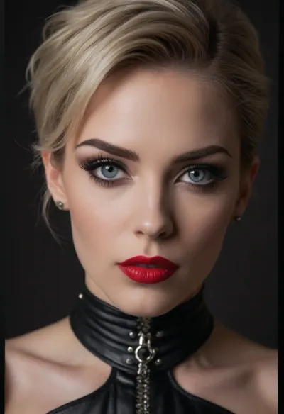 (masterpiece:1.2), (best quality:1.2), (award-winning:1.1), (BDSM aesthetic, fetish aesthetic, dominatrix:1.6), (dominant woman, strong features:1.5), (sense of intimacy:1.6), (breathtaking woman's face, perfect sharp focus on eyes:1.5), (seductive expression, arrogant smirk, very red lips, judgemental:1.5), (intricate eye details:1.6), (pale grey eyes, captivating eyes:1.6), (long thin eyelashes:1.7), (perfectly applied eyeliner:1.7), (voluminous short cut hair, ash blonde hair with dark highlights, stylish textured hair cut, loose strands of hair, swept back hairstyle:1.4), (shallow depth of field:1.6), (softly blurred background:1.3), professional color grading, (natural skin texture:1.6), (realistic skin details:1.5), subtle skin imperfections, (intricately detailed hair:1.5), (expressive detailed eyes:1.6), (visible limbal ring:1.5), (detailed iris texture:1.5), (natural hair texture:1.4), (realistic eye texture:1.5), subtle vellus hairs, (strict corset:1.5), ziprealism