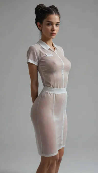 masterpiece, best quality, ultra-detailed, high resolution, 8K, sharp focus, intricate details, highly detailed, 2d, (flat color:2), (no lineart:2), simple background, gradient background, 1girl, solo, black hair, long hair, dreadlocks, bun, braid, detailed face, detailed eyes, black eyes, no pupils, seductive, big breasts, curvy, athletic, thick thighs, wide hips, narrow waist, big ass, bottom heavy, detailed skin, smooth skin, dark skin, nurse uniform, transparent clothes, teasing