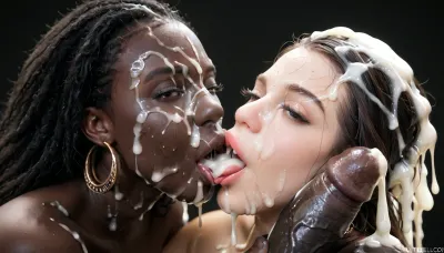 2 black african mature curvy women, absolutely black skin, deep ebony skin, African, Nigerian, Nubian, (((absolutely black skin))), long smooth black hair, sleek long hair, dark eyes, smiling, kissing eachother, french kissing, tongue in eachothers mouth, embracing, (Cum details), realistic cum, Prominent cum, (white cum:1.7), cum on, (Cum flows:1.2), (cum on body:1.3), cum on head, (cum on face:1.3), bukkake, ((body covered with semen)), black room, black background, cum, face, Face covered in cum, (A lot of cum:1.5), <lora:JustCum:.9>, <lora:cum_in_eye_deepmind:.9>