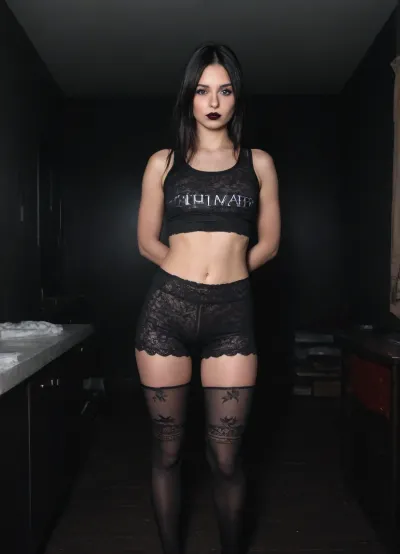 ((petite)), candid photo, a young girl naked, pretty, aged 18, petite body, extremely small breasts, straight black hair, very long hair, black hair, she is wearing a tank top that goes up to her thigh, there is a butterfly print on the tank top, with one hand she lifts her shirt, revealing her, (shaved dark black vagina), vagina Focus, behind the girl there is a white wall with an inscription that says, (((no fap:2))), (Detailed face), (real skin texture), (striking makeup, black eyeshadow, silver eyeshadow on the eyelids, and a dark red lipstick, she is in a room of a house, next to the TV, (dark room:2), (low lighting), ((yellow photo filter effect)), (hard light), (warm light), (hard shadow), (sharp background), (grainy effect:1), (noise:1)), platform cuissard boots, lace white stockings