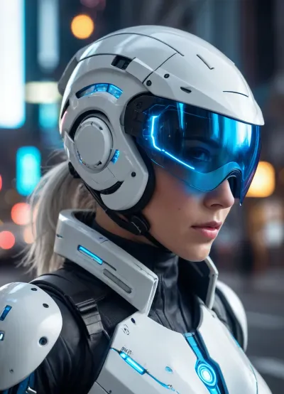 white sci-fi female armor with cybernetic helmet, helmet with visor, glasses visor with information in blue colour, full armor, insulated armor, spacesuit, bald head, lots of fine detail, sci-fi movie style, outdoor photo, photography, natural light, photorealism, cinematic rendering, ray tracing, the highest quality, the highest detail, cinematic. battlefield, epic, action, dynamic, cyberpunk city, night, explosions, neon lights.
