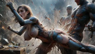In a dystopian neon-lit city, a heavily augmented ginger female android with glowing cybernetic eyes and body modifications is captured by a gang of ruthless mercenaries. They drag her into their hideout and chain her to a metal table, ripping off her tight-fitting bodysuit to expose her perfect synthetic body.The mercenaries taunt and grope the helpless android, roughly squeezing her firm breasts and probing her artificial orifices. One of the mercenaries, a hulking cyborg with a massive robotic phallus, steps forward and brutally penetrates the android's vaginal opening, (((man exploding:1.6))), (((cum exploding:1.6))), causing her to spark and glitch from the force.The android writhes and struggles against her restraints, her systems overwhelmed by the violent assault. The cyborg mercilessly pounds into her, stretching her artificial pussy to its limits while the other mercenaries watch with twisted glee. Tears of machine oil stream down the android's face as her body is defiled and damaged by the relentless cyber-rape.Tags, 1girl, 1boy, android, cyborg, rape, vaginal, crying, tears, struggle, cyberpunk, augmentations, bodysuit, torn_clothes, massive breasts, large_insertion, cum, machine_oil, chains, metal_table, hideout, neon, score_9, ral-vlntxplzn, <lora:ral-vlntxplzn-sdxl:1.3>, <lora:Microwaist_XL_v01:1.2>, <lora:MJ52:.8>, <lora:xl_more_art-full_v1:.5>