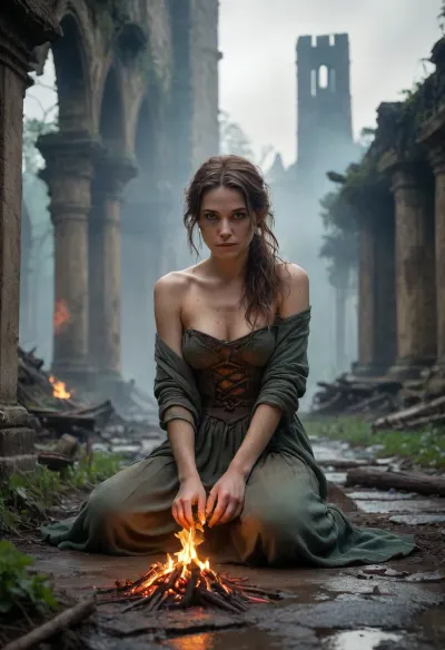 A gaunt, disheveled woman kneels in a firelit clearing, her back to the viewer, tattered clothing blending into the decay around her. She wears a faded crimson tunic, its neckline frayed and slipped off one shoulder, exposing sunken collarbones streaked with ash. A moth-eaten shawl clings to her frame, and dirt-caked linen wrappings cover her legs, with scuffed leather boots abandoned nearby. Her hands, raw and soot-smudged, feed dry twigs to a crackling fire, its amber glow flickering across her gauntness and casting long shadows over the ruins. A dented copper pot—its surface oxidized to a turquoise patina—hangs over the flames, filled with murky water from the corroded flask at her hip. Behind her, jagged stone ruins dominate, a collapsed cathedral wall strangled by ivy, its shattered rose window gaping like a skeletal eye, and a rusted bell dangling from a crumbling tower. Skeletal remains of a blacksmith’s forge and a collapsed well litter the field, overgrown with wild grass and thorned vines. Distant cathedrals pierce a leaden sky, their spires cloaked in kudzu, while thick mist blurs the line between earth and ashen horizon. Firelight dances across weathered stone, highlighting matted ivy tendrils and the woman’s exposed ribs beneath her tunic, her posture hunched but purposeful. Embers rise into the haze, mingling with ash particles and the faint glow of distant smoke. The scene is rendered in hyperrealistic 8K detail—cracked cobblestones, frayed fabric threads, and the fire’s reflection in a rainwater-filled pothole—all under cinematic HDR lighting that contrasts warm flames with cold, gray-green decay. Ray-traced mist diffuses the ruins into abstraction, while depth of field blurs the woman slightly, anchoring her as a small, transient figure in a landscape reclaiming itself. Lossless PNG preserves every texture, the grit on her skin, the rust on her knife’s sheath, and the spectral glow of a world unraveling., airtightintrrcl, airtight, interracial, AssRipple