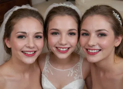 (closeup), (happy smile:1.1), duo twins brides, (lipstick:1.1), (facial:1.2), cum on face, <lora:Facials:.5>, <lora:JustCum:.5>