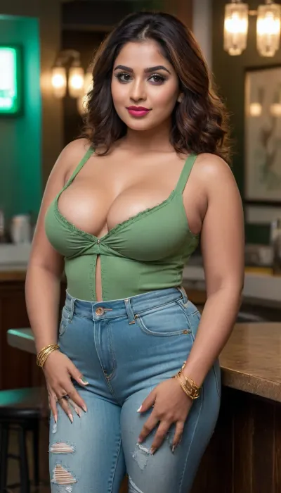 A stunning 34-year-old Desi Kerala MILF wife, (brown skin:1.2), (big rounded face, large expressive eyes, soft rounded nose:1.3), (thick hourglass figure:1.4), with, (voluminous 36C breasts, deep cleavage spilling from tight green camisole:1.5), (28-inch waist, 37-inch hips:1.3), wearing an, (ultra-low-rise hip-hugging scrapped green pencil jeans:1.6), that cut provocatively below her navel, exposing her hip bones and clinging to her curvaceous thighs and round buttocks. The jeans are, (distressed with frayed hems and tight tapering at the ankles:1.4), . She pairs it with a, (denim jacket casually draped off one shoulder:1.2), and traditional Kerala gold jewelry—, (jhumkas, stacked bangles, and a minimalist nosering:1.3), .

She leans flirtatiously against a neon-lit nightclub bar counter, (hands gripping her waistband or resting on her hips:1.4), (back slightly arched to emphasize her buttocks:1.3), . The club ambiance features, (moody blue and pink neon lights reflecting off her skin:1.2), (a faint haze of cigarette smoke in the background:1.1), ., (8K resolution, ultra-realistic skin texture, detailed fabric folds showing the strain of the tight jeans:1.4), . Desi erotic mood, (confident smirk, smoldering gaze:1.3), . Avoid cartoonish proportions, exaggerated anatomy, or unrealistic lighting