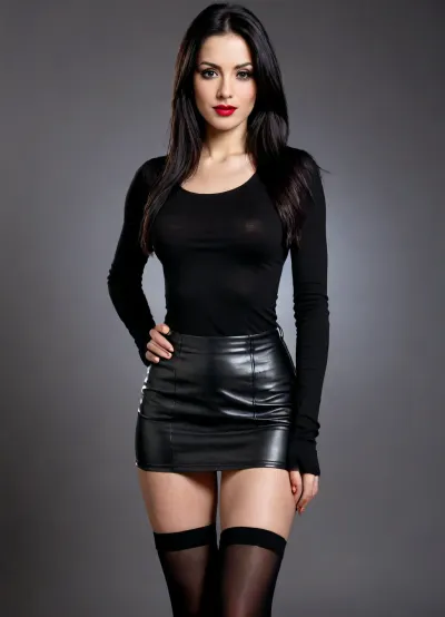 brunette slim waist 38 years old, slim face, (black long straight hair:1.1), pakistani, bengali, black stay-ups stockings, (tight microskirt:1.1), tight top, tight knee platform boots, (socks under boots), big amber eyes, small breast, flat breast, red lipstick, black eyeshadow, (black hair:1.2), full shot