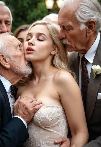 cute blonde girl is touched and grabbed by a bunch of elderly gentlemen, kissing, one breast falling out of dress, tit grabbing, ass grabbing, moaning