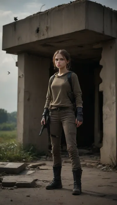 ((((((exclusion zone, post apocalypse, a poor bunker with a broken roof where you can see the sky and birds, old damp cracked concrete, wanderer, stalker, wandering, exploring the world and empty surroundings, she has a weapon of the future for protection, she is on guard, enemies are hiding in ambush))), (((She is a young resistance fighter)), (((background, machines-robots standing broken, wake, battle, invasion of planet earth)))))))