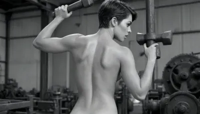 black and white image, bw image. photorealistic. industrial age. side view with her ass slightly turned to the camera. head turned to viewer. a muscular naked woman is working on some giant machinery. she is holding a big hammer over her head. she is holding the hammer with both her hands. 22 years old. short hair. cropped hair.