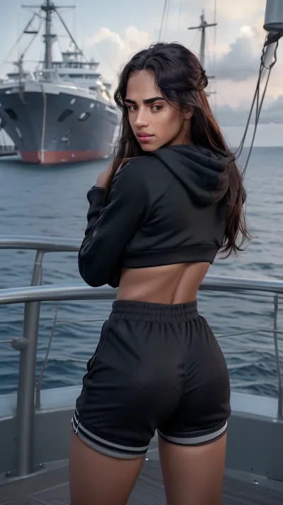 cinematic still, masterpiece, realistic, best quality, 8k, HDR, ultra detailed, photorealistic, perfect anatomy, professional light, cinematic lighting, <lora:GrazyeliSilvaQuiron_v02i04e10t05na64_Lora:1>, <lora:age_slider_v20:-2>, grazyelisilvaQuiron young woman, 1girl, age 18, long hair, cropped hoodie, black tracksuit shorts, Standing at the prow of a ship, Giant black Boyfriend hugging her from behind, she looks out to the vast ocean, her spirit yearning for adventure, . emotional, harmonious, vignette, highly detailed, high budget, bokeh, cinemascope, moody, epic, gorgeous, film grain, grainy