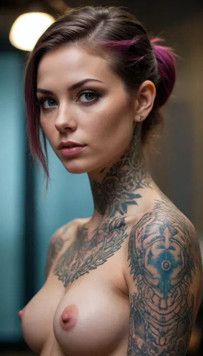 A beautiful tattooed bionic girl, <lora:284451_training_data:.5>