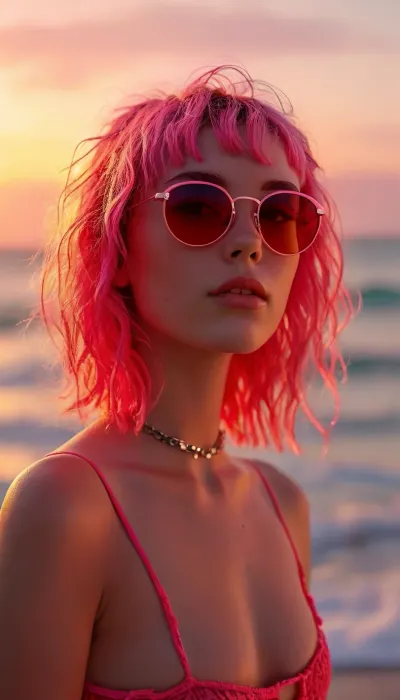 s1990's beach babe with stylish neon pink hair cut in textured waves, flirty, playful, sunglasses, vaporwave sunset color theme, ziprealism, perfecteyes, sunnyrayyxo, <lora:MJ52:.8>