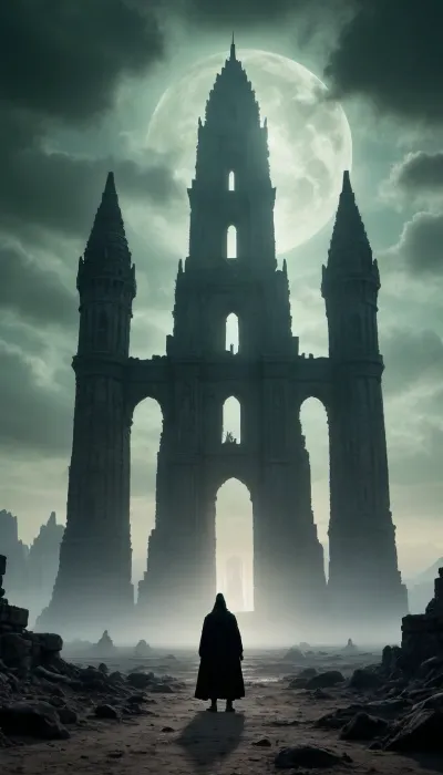 An abandoned temple in the desert, shrouded in fog and darkness, with cracks on the walls and glowing runes. In the center of the temple, a magical ritual is performed involving a black-robed figure holding a crystal with pulsing energy. The temple is surrounded by a dead desert of ancient machinery and half-buried statues. In the background, you can see the silhouettes of huge ruined towers, and the sky is covered with ominous greenish clouds. Ghostly dragons or spirits hover in the air, lighting up the scene with a cold glow. Cinematic lighting, high detail, dark fantasy aesthetics, symbolism of destruction and magic.