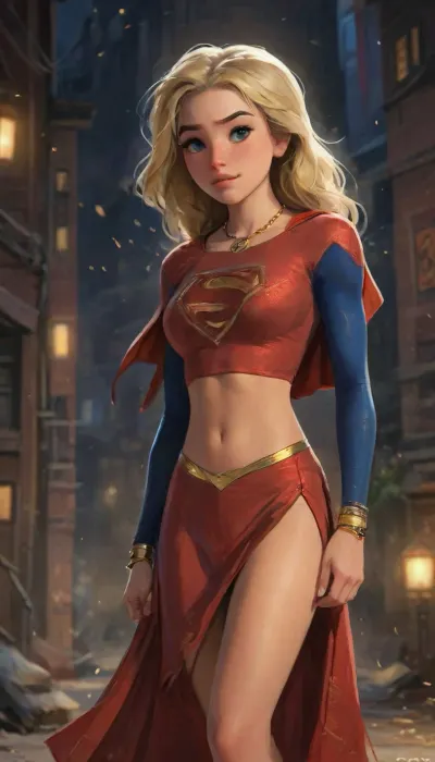 (masterpiece, best quality, absurdres), 1girl, solo, cowboy shot, happy emotion, cute smile, long platinum blonde hair, bright glowing green eyes, beautiful mature age 26 supermodel female, perfect anatomy, looking at viewer, hands on hips, glowing, (wearing a intricate sexy Supergirl design red blue gold elegant Indian Punjabi design saree and a deep neck blouse and that beautifully reveals her cleavage and navel visible, nipples slightly visible, thick, curvy inner thighs completely visible, legs spread open, saree slightly lifted above thighs, with a thin an long necklace is made of gold and has a long chain with black and gold beads. The beads are arranged in a repeating pattern, with the largest bead at the bottom and the smallest at the top. In the center of the necklace, there is a pendant with a design in the shape of a Superman Logo symbol, The pendant is attached to the chain with a gold clasp. The overall style of the jewelry is traditional and elegant, adorned with a striking thin golden chain around her hips. She has a small red bindi on her between her eyebrows and green colored glass bangles on her wrist, outfit:1.5), muscular body, athletic body, voluptuous body, skinny body, thin body, hourglass body, thick body, washboard abs, outdoors, hovering above a Futuristic Cyberpunk Metropolis City The Daily Planet Building below, night, (no gravity floating pose:1), highlydetailedbody, realisticface, highlydetailedhair, insanelydetailed, 8K.highdetailedskin, highresolution, perfectfingers, (j_cartoon:1.5), Drawing., DCEU, Supergirl, rha3, woman, targaryan, <lora:rhaenyra young - rha3 woman sdxl:1>, <lora:Supergirl:.2>, <lora:samdoesarts1.1-000030:.4>, <lora:J_cartoon:.3>, <lora:Animated_Concept:.4>