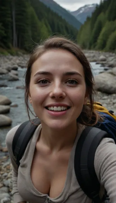 (Bukkake, breast out:1.2), ((selfie)), photo of, (hgr1ce-step-240:.99), smiling, outdoors, mountains, wearing a backpack, sweater, hiking jacket, rocks, river, wood, analog style, (look at viewer:1.2), (skin texture), close up, cinematic light, sidelighting, Fujiflim XT3, DSLR, 50mm, breastsout, cum, in, mouth, on, face, nose, (bukkake:1.1), facial, NOVTIA, <lora:breastsout24_rvkwi:.3>, <lora:CUM MASK:.3>