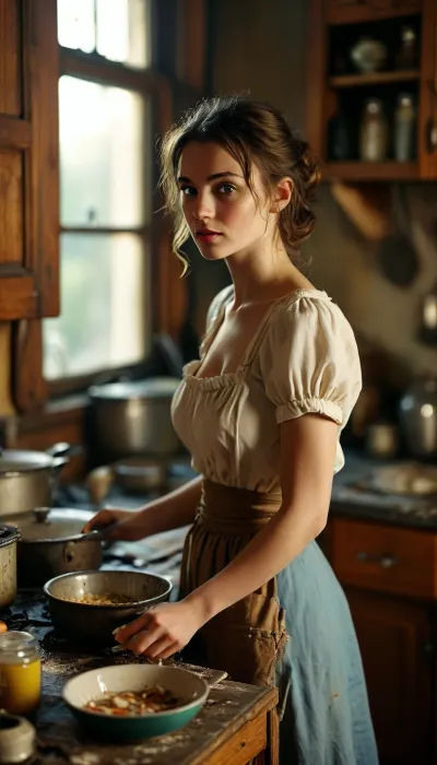 score_9, score_8_up, score_7_up, best quality, masterpiece, high resolution, (ambient light, volumetric light), slim, medium breasts, a young woman while cooking nut dish in a messy kitchen, wearing just an small apron, vintage interior, old cupboards, cooking, 1950 clothing, cleavage, <lora:MJ52:.8>