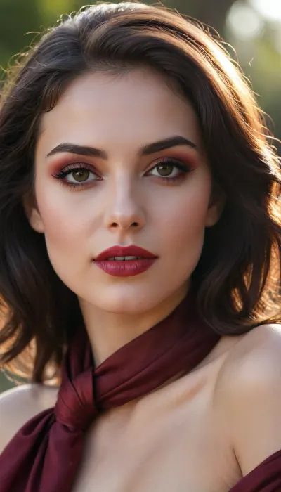 a hypnotic young woman with deep burgundy eyes that shimmer like crushed rubies in the scorching midday sun. Her perfectly sculpted brows and voluminous lashes frame her captivating gaze. Her lips, painted a vampire black and red, are slightly parted in a seductive grin. Her dark wavy hair is playfully tousled, giving off a sense of reckless passion. A transparent black silk scarf is loosely wrapped around her neck, hinting at the dangerous temptation of the future. The sunlight plays on her sharp collarbones and the gentle curve of her bare shoulder. Hyper-realistic portrait, cinematic lighting, surround glow, ultra-HD textures, 8K resolution, rich contrast ".к.разумов