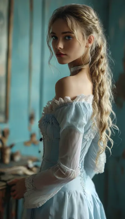 Uhd, 8k, full body in portrait, Woman, 18, blonde wavy long hair in a ponytail, white stockings, black maryjane heels, light blue microdress, rating explicit, <lora:add-detail-xl:1>, <lora:Randommaxx_nsfw_merge_v3_lora_fp16:1>, <lora:MJ52:.8>, <lora:Midjourney Image Enhancer XL v1:.8>