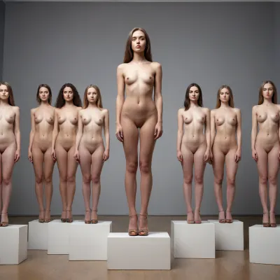 slender young woman standing on a small plinth, she is fully naked except for high heels, behind her other young women are lined up on identical plinths.