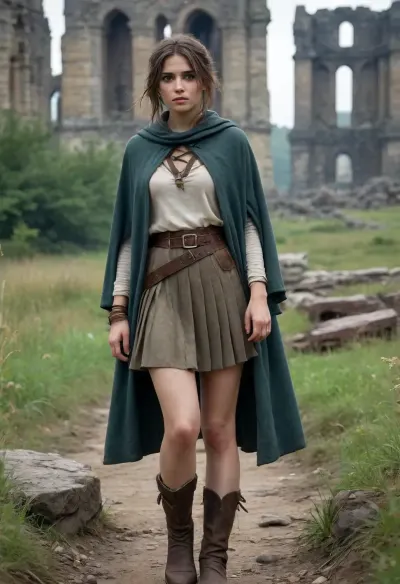 `Post-apocalyptic scene with nature reclaiming medieval ruins, ivy-covered stone castles, collapsed wooden watchtowers, overgrown cobblestone paths, and distant remnants of a shattered city with crumbling cathedrals. A weary woman in ragged, dirt-streaked clothing—patched woolen tunic, frayed cloak with a corroded clasp, scuffed leather boots—walks through a field of wild grass, her garments torn and stained with grime. She carries a dented copper flask, her face smudged with ash, sunlight filtering through haze to highlight the decayed landscape. 8k resolution, hyperrealistic textures, (weathered stone, matted fabric, oxidized metal), cinematic HDR lighting blending muted browns and gray-green tones, anti-aliasing, depth of field focusing on her figure against the ruins, ray-traced mist, lossless PNG format.`, 1girl, spdbdl, black, hair, long, floating, white, eyes, no, pupils, blue, skin, bandages, injury, navel, sarashi, barefoot, open, mouth, short, headband, pleated, skirt, school, uniform, shirt, thighhighs, torn, clothes, blood, on, <lora:SpiritDeadByDaylight:.5>, cav_rdrguarma, ruin, beach, jungle, daytime, sunset, nighttime, <lora:cav_rdrguarma:.5>, HuntressDBD, <lora:HuntressDBD:.5>