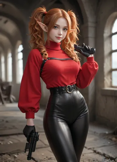 score_9, score_8_up, score_7_up, masterpiece, absurd, nsfw, (1girl:1.3), beautiful, curly hair, long and voluminous, the girl has curly, (orange hair:1.3), and she has very thick hair, ((pigtails)), she has huge bright green eyes, (((sharp elf ears))), sexy legs, long legs, slender pale body, pale skin, natural breasts of medium size, athletic build, blush, slim waist, narrow hips, round ass, seductive, serene, pristine beauty, pure, lively, pink lips and makeup, lustful gaze, (enthusiastic smile:1.3), red sweater, turtleneck, harness, black tight latex pants, black gloves, belt, standing, looking at viewer, indoors, handgun, holding gun, hand up, trigger discipline, hand on hip, ((in the middle of a gloomy abandoned cave, fraught with a lot of dangers))