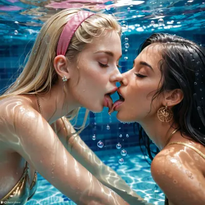 Two girls, Sexy 28 years old Girl standing in the pool, golden Bikini, long straight black hair, very Long black hair, Perfect tan, pink hairband, perfectly formed big natural tits, perfect body proportions, ass is under water, besutiful blonde Girl in the Pool, royal blue Bikini, blonde is licking the brunettes pussy, under water pussy licking, lesbian Pussy licking, lesbians, cunnilingus in the water, big boobs, detailed skin, ultra hd resolution, hairy pussies, under water, under Water Sex, Sex in the water, diving sex, Water bubbles, eyes closed, half body under water