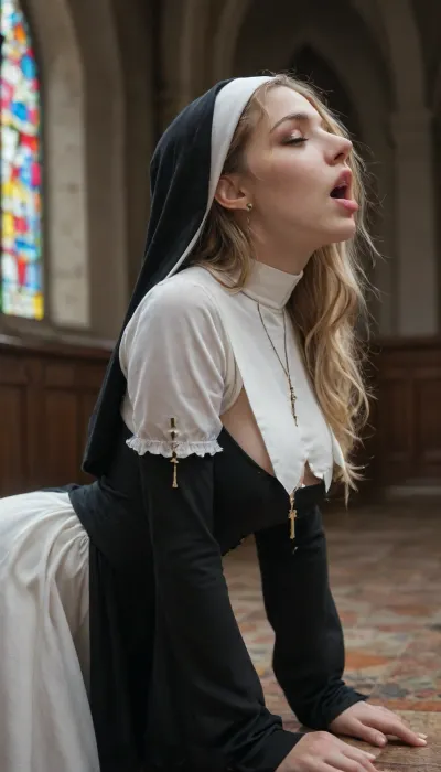 View from side, fully clothed. Not nsked. beautiful sexy nun, on all fours after being fucked, habit lifted over her arse, slender body, blonde long messy hair, moaning, mouth opened, (large natural breasts), (in a beautiful gothic church), cinematic masterpiece