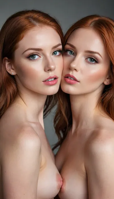 full body shot, symmetrical, two gorgeous 18 yo red head identical twins, full body view, nude, kissing, fingering vagina, touching each other, sensual, lovers, identical twins, high detail faces, Ultra-Realistic Photography, Flickr Trending, Pinterest Trending, Insanely Detailed & Intricate, Realistic, Authentic, Genuine, Natural, Cinematic Lighting, Dramatic, Theatrical, Atmospheric, Evocative, Mood Setting, Award Winning Photography, Acclaimed, Recognized, Famous, Honorable, Award Winning, Sharp Focus, Crisp, Clean, Precise, Clear, Distinctive, Masterpiece Photography, Iconic, Exceptional, Unusual, Stunning, Gorgeous, Studio Photography, Controlled, Polished, Professional, Exquisite, Perfect, Nikon, High Quality, Reliable, Durable, Precision Engineering, Cutting Edge, Unfiltered Photography, Natural Looking, Unedited, Raw, 8K Photography, High Resolution, Crystal Clear, Ultra Detailed, Breathtaking, Realistic Skin Texture, Photorealistic, Hyperrealistic, Hyperrealism, Very Realistic, Extremely Realistic, Highly Accurate, Stunningly Accurate, Highly Detailed, Intricate, The highest quality image that showcases photorealism with vibrant light and dynamic pose. The details are intricate and crystal clear, making it a masterpiece in ultra-high resolution. Indirect lighting enhances the realistic material texture and fine details. The background is detailed, and the subject is captured in a full-size photograph with the entire body visible. 85mm lens, 4k, Canon 5D, ZEISS lens, high quality, sharp focus, shot on Canon EOS R6, 135mm, 1/1250 sec, f/2.8, ISO 400, ALL SIZE PHOTO, full body visible, <lora:attractive_notrigger:.3>