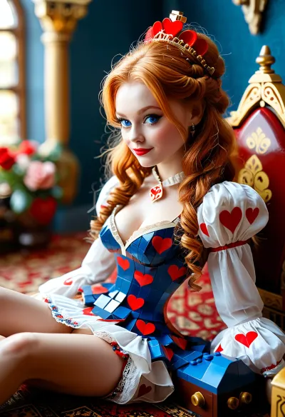 (((real woman))), ((Lego brick pattern style)), (photo of giant Lego brick pattern like vsion of Alice in Wonderland beautiful ginger woman, siting very relaxed on Lego like thrown in the Lego brick pattern like palace of Queen of Hearts, seductive, Lego brick pattern like tight micro mini Alice in Wonderland evil Lego like queen dress, Without panties, high heels masterpiece, long legs, blue eyes:1.1), (has a naughty grin expression), (Lego like The Queen of Hearts sittinge submissive at side from Alice and kissing her legs:1.2), (best quality), (detailed), (wallpaper), (cinematic lighting), (sharp focus), (intricate), ral-vlntxplzn, LEGO, <lora:ral-vlntxplzn-sdxl:.3>, <lora:Microwaist_XL_v01:1.5>, <lora:MJ52:.7>, <lora:xl_more_art-full_v1:.5>, <lora:650274_training_data:.4>