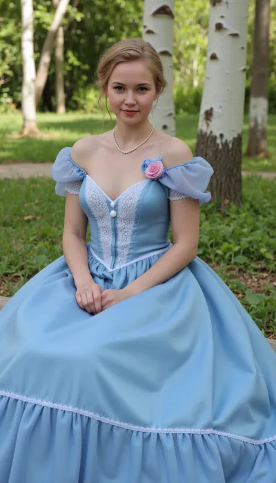 (RAW photo), 4K, best quality, realistic, photorealistic, masterpiece, extremely detailed, an extremely delicate and beautiful, dynamic, realistic anatomy, great lighting, perfect shading, professional shading, depth of field, ((solo)), 19th century, park, 19 yo cute girl, (((((in blue dress))))), sitting in birch forest, ((3/4 body view)), blonde updo hair, jewelry, hud_wht_gwn, a, satin, and, tulle, off-shoulder, sleeveless, full-length, gown, with, fitted, bodice, flared, skirt., the, has, sheer, puff, sleeves, adorned, floral, appliqués, sweetheart-shaped, neckline, lace, or, embroidered, detailing, that, extends, down, front, creating, V-shape., A, pearl, necklace, small, pink, flower, complete, elegant, ensemble, short, sleeve, long, white, victorian, decoration, on, left, shoulder, bow, in, center, <lora:hud_wht_gwn_FLUX:.8>