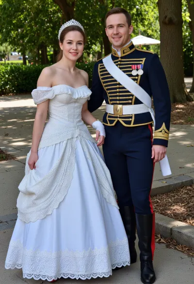1 man and 1 woman, man is a hussar officer in 19th century uniform, women in ball dress, <lora:Pelisse:.8>