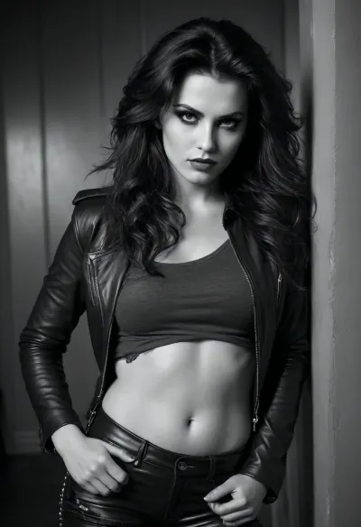 A confident female hair metal fan in her late 20s, captured in a stylish black-and-white photo. She has long, wild 1980s-style teased hair, dark eyeliner, and a fierce, seductive gaze. Her large, natural bust is artfully exposed, framed by a ripped vintage band shirt hanging loosely off one shoulder. She's wearing tight leather pants and studded accessories, leaning slightly forward with one hand in her hair and the other on her hip, exuding both rebellion and sensuality. The lighting is dramatic, casting sharp shadows that highlight her curves and the texture of the fabrics, creating a sensual yet tasteful rock ‘n’ roll aesthetic., ShirtUp, <lora:ShirtUp:.8>