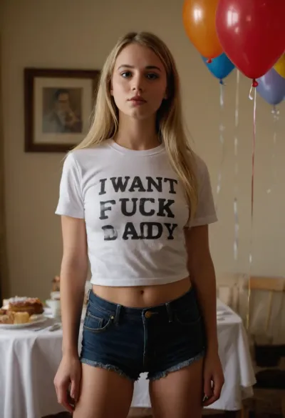 Girl aged 18 wearing a shirt that says "I WANT fuck daddy", white shirt with "I WANT you to fuck me daddy" in black letters, white girl, skinny, sexy tiny body with flat, chest, sexy school girl, naturam small tits, small breasts, sexy ass, fit ass, posed suggestively, jean shorts, blonde, slut, whore, girl stay with old father, father kiss girl, vintage dinner room, Happy birtday of mothe in vintage house, baloons and cake