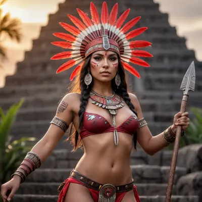 Photorealistic, Very detailed, deep depth of field, ultra-high resolution, Soft Focus, Overexposure, Parallax, Wide Angle, Night Vision, PopArt, Dramatic red sunset with long shadows, A young, stunning, wild, seductive, flirtatious, slender Aztec warrior woman with a highly detailed face and warpaint. She wears short Aztec warrior clothing and Aztec jewelry and hunts a puma with a spear in front of an Aztec temple in the dense Mexican jungle, She have flat, She dances and poses, small breasts, natural soft shining skin, soft face and body, She plays romantically with her hair, (She is looking in any direction), (((worm's-eye view)))