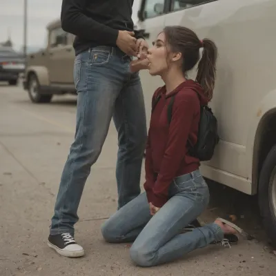 Wide shot, from 15 feet away, side view, Gorgeous 18 year old brunette with light makeup wearing tight jeans and a hooded sweatshirt and hightop converse and backpack, kneeling next to open driver's door of a big rig truck parked at a truck stop, deepthroating the fully dressed driver's thick cock, driver seated in the truck, (sloppy+blowjob+deepthroat+balls deep+vomcum), (crying+gagging+gasping+struggling+breathless+suffocating), (excess cum+cum overflowing from mouth+creampie), (sweat+spit+drool+tears+cum+dripping from her face), (brown long curly hair), (flat chest), (school back-pack), 4r14n44, high, ponytail, ((skinny body)), <lora:Ariana_Grande_2016_SDXL:.8>